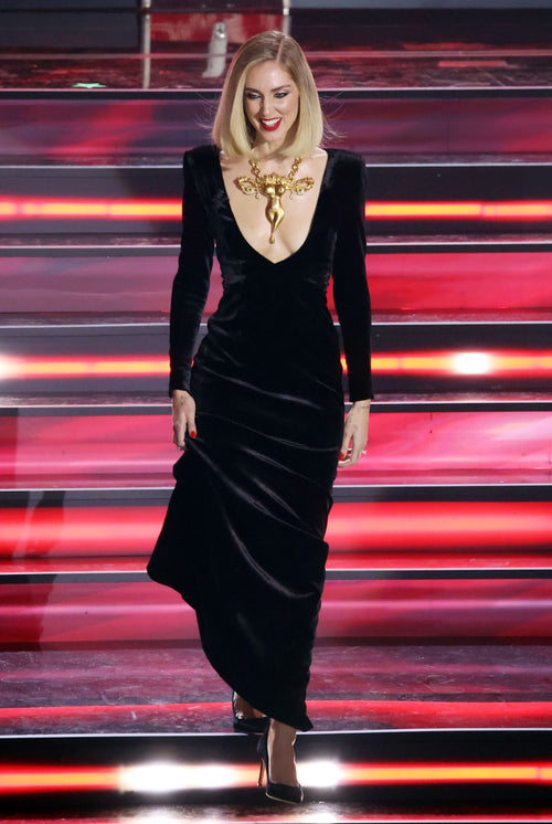 CHIARA FERRAGNI WORE CUSTOM SCHIAPARELLI HAUTE COUTURE TO THE 73RD EDITION OF THE ANNUAL SANREMO MUSIC FESTIVAL