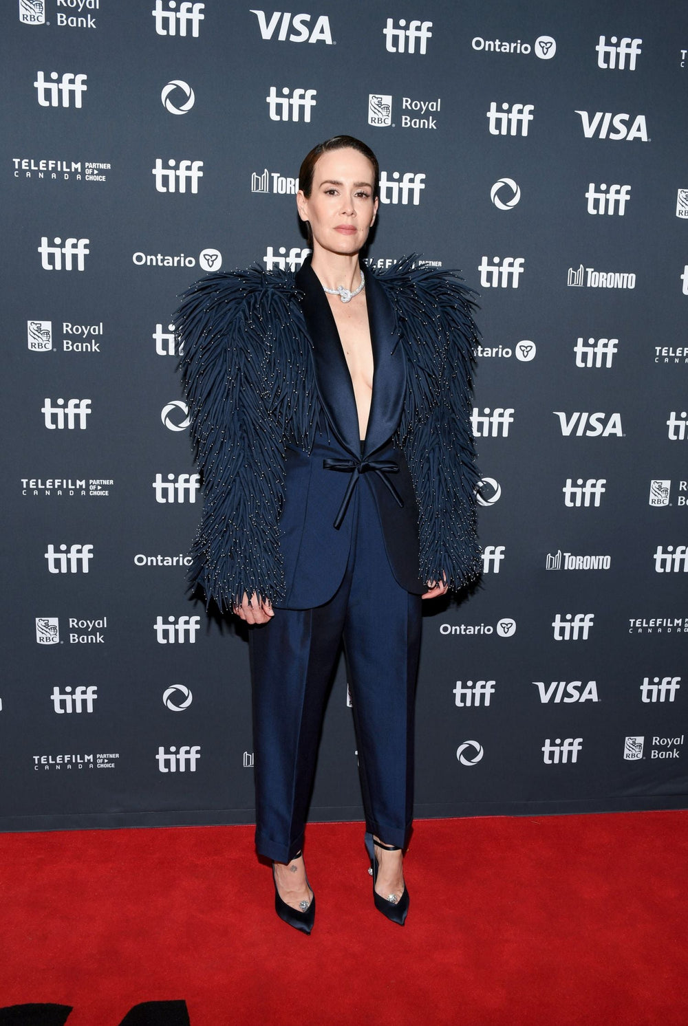 SARAH PAULSON WORE SCHIAPARELLI HAUTE COUTURE<br>TO THE 49TH TORONTO INTERNATIONAL FILM FESTIVAL
