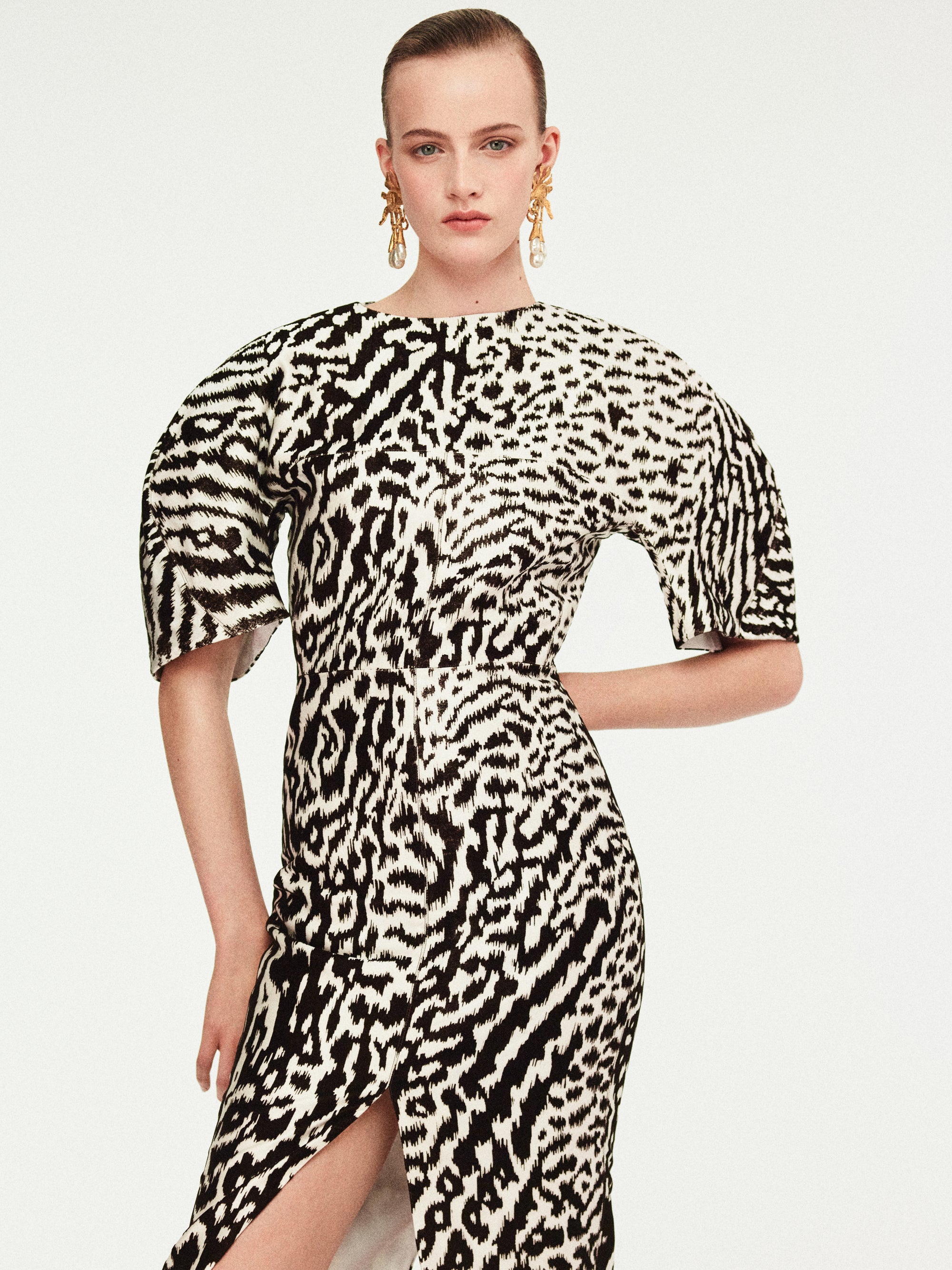 black and white animal print midi dress Reiss Animal Print Midi Dress in Black/White