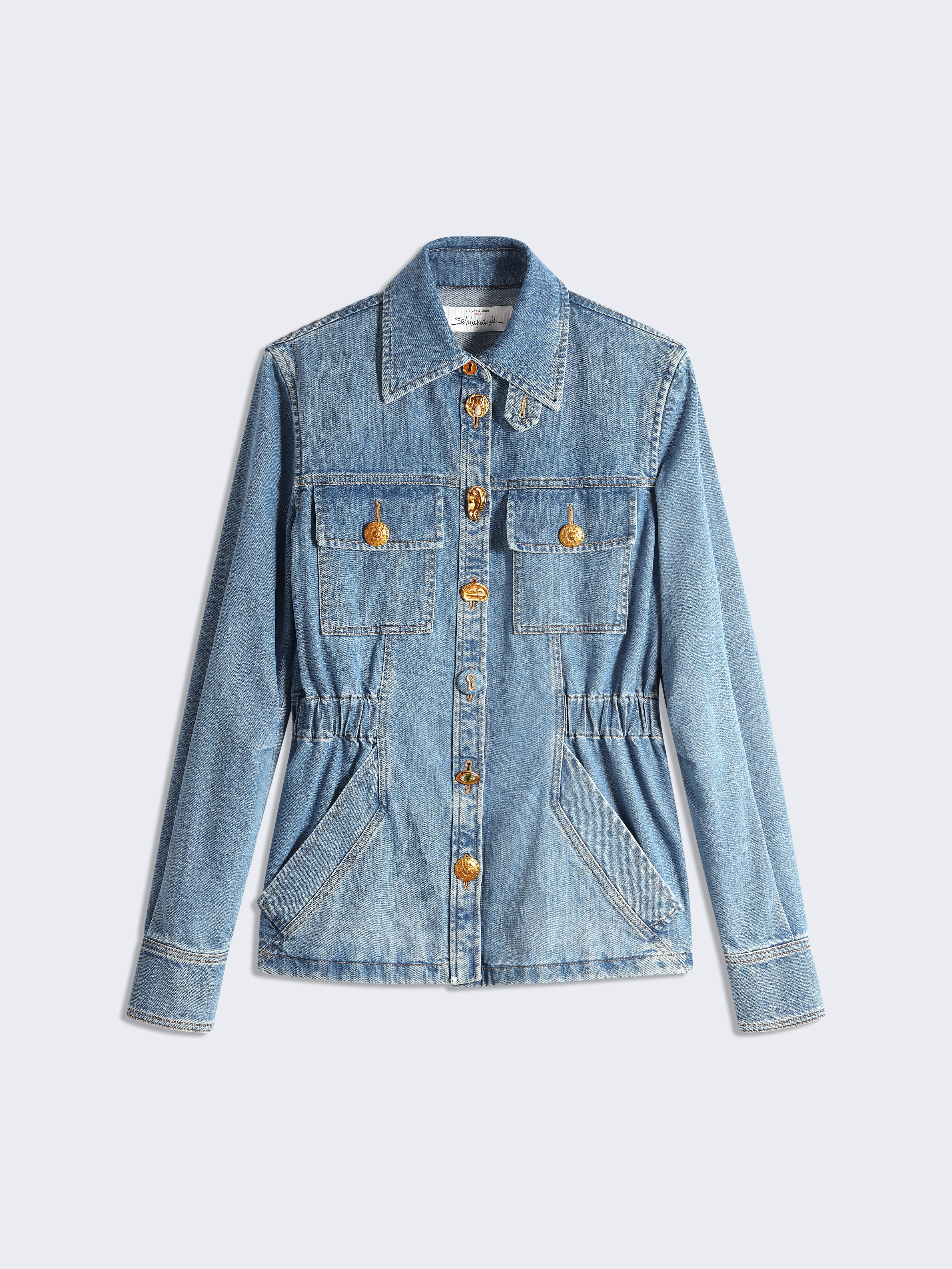SMOCKED SAFARI DENIM SHIRT