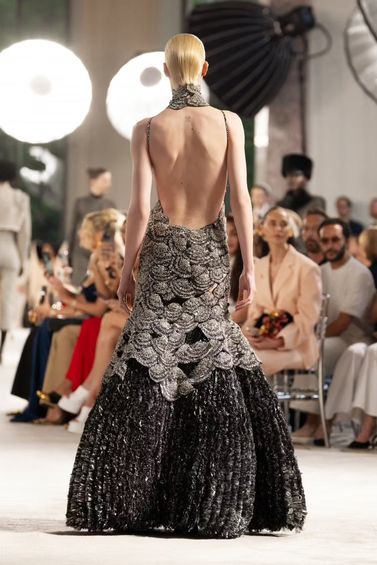 schiaparelli backless dress parisrunwayofficial goes back to the future with @schiaparelli Beating heart beat, backless dress, shapes that bring history to the future & more. @schiaparelli @parisrunwayofficial #runway #parisfashionweek #paris